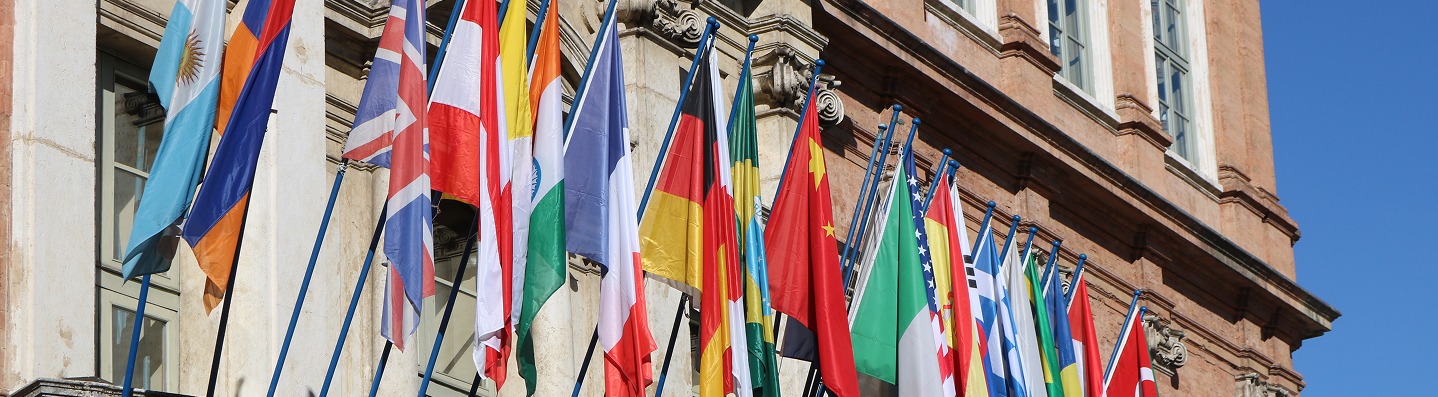 Foto delle bandiere esposte a palazzo Gallenga