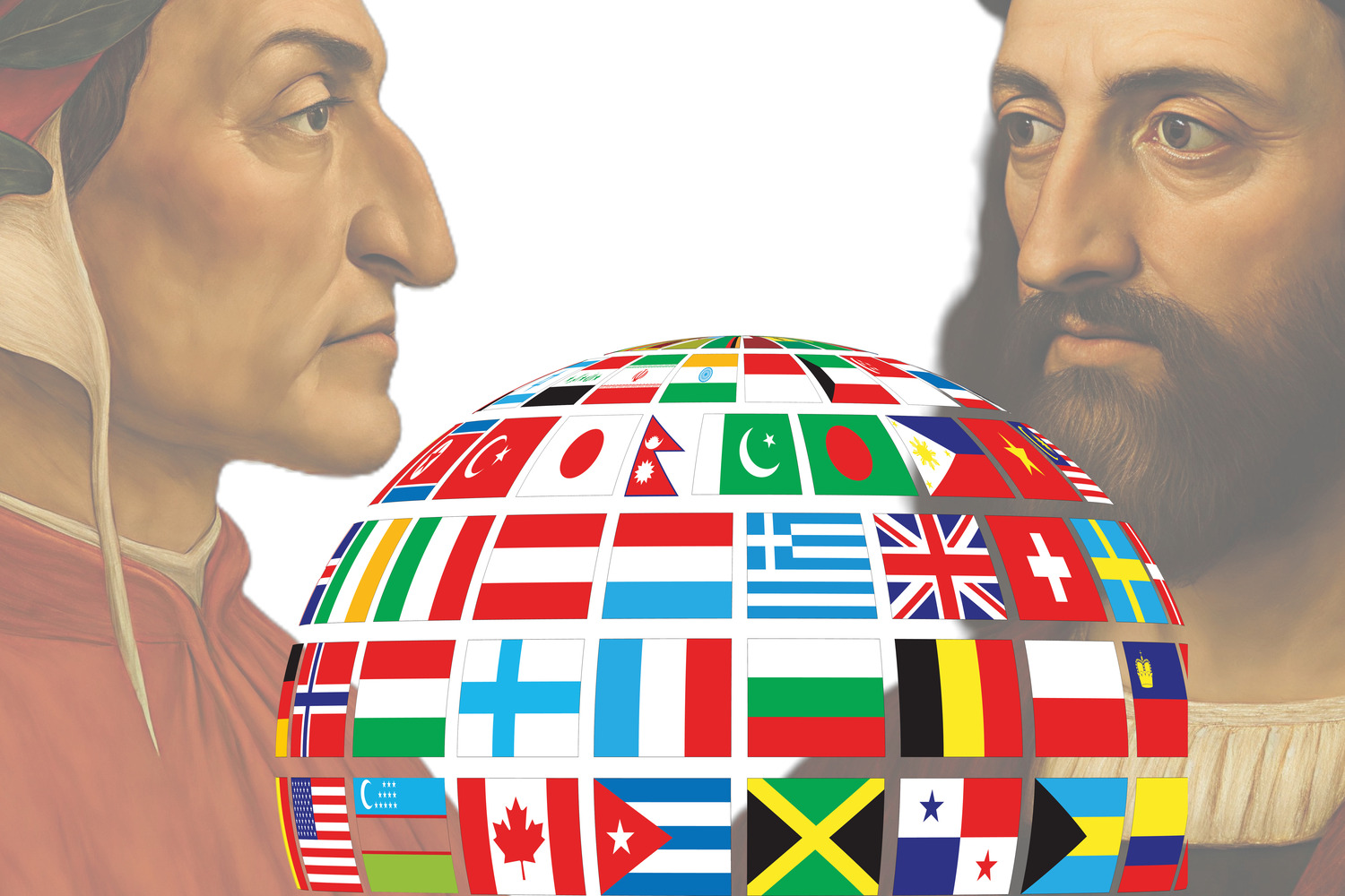 Ritratti di Dante e Ariosto, Sullo sfondo un globo di bandiere.