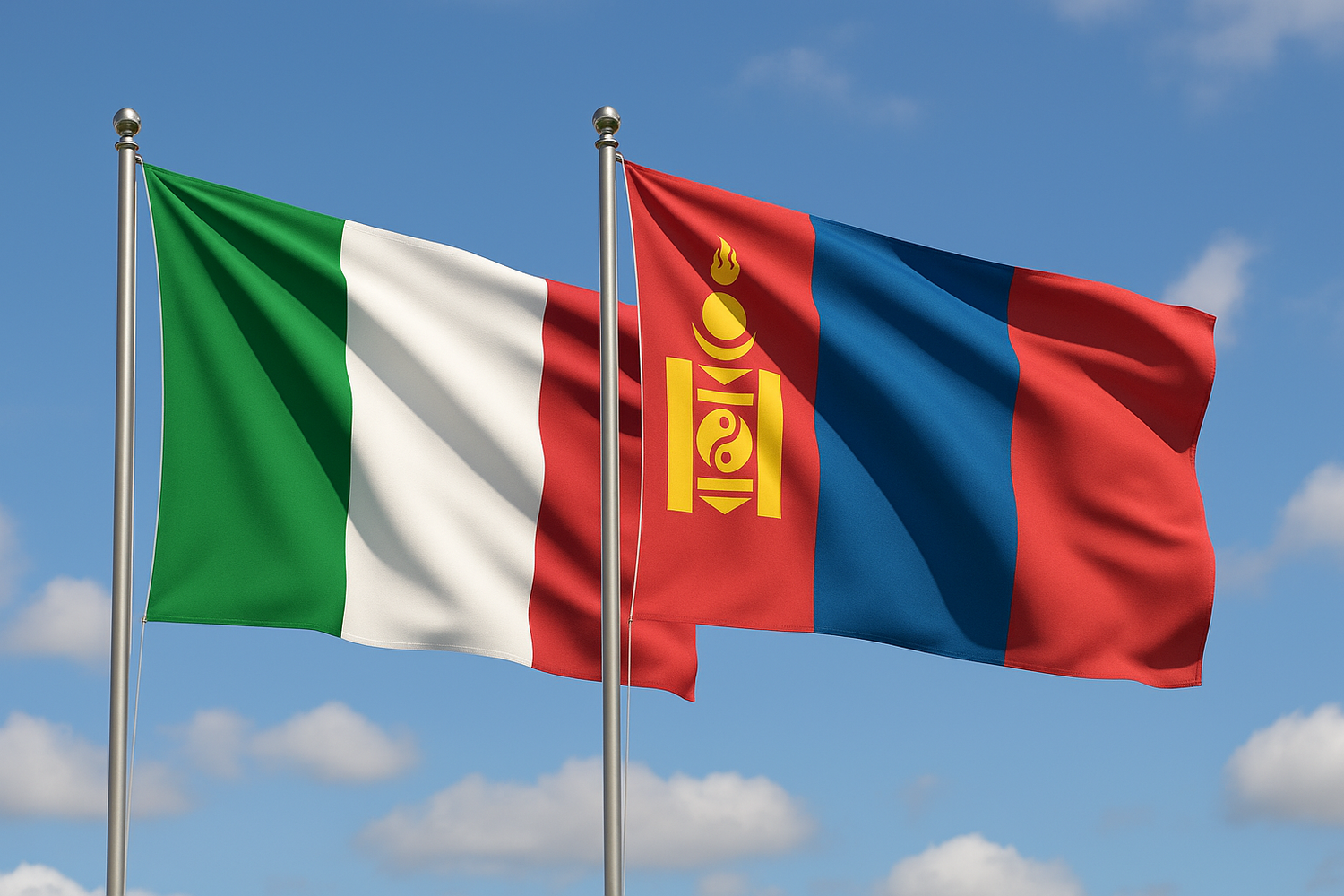 flags of Italy and Mongolia waving in the wind