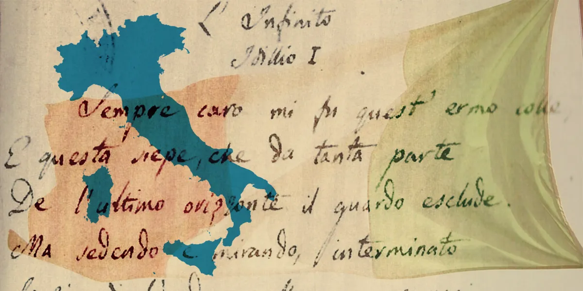 collage composto da bandiera italiana, mappa dell'Italia e "L'infinito" di Leopardi