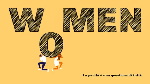 un uomo e una donna che reggono la lettera "o" della scritta "women"