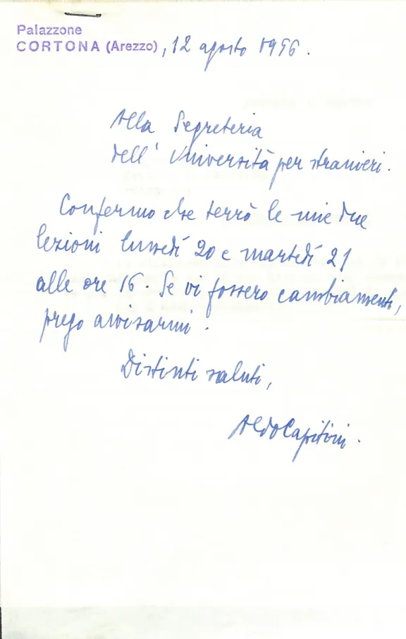 Lettera autografa di Aldo Capitini (1956)