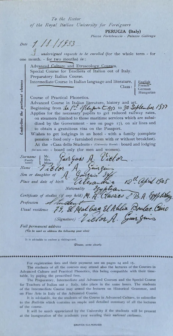 Modulo d'iscrizione in lingua inglese (1933)