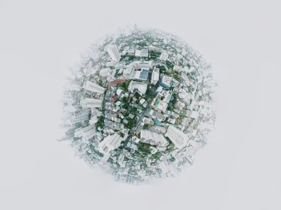 a green planet full of skyscrapers